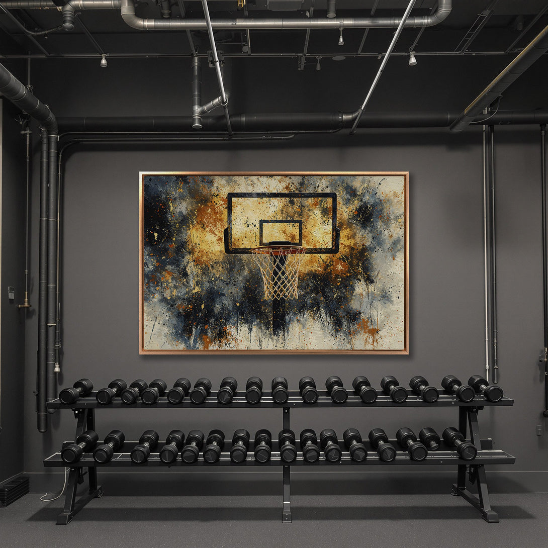 Framed Wall Art: Abstract basketball hoop art in a modern gym. Features a dynamic, colorful splatter design with orange, blue, and gold hues. Elevate your space!