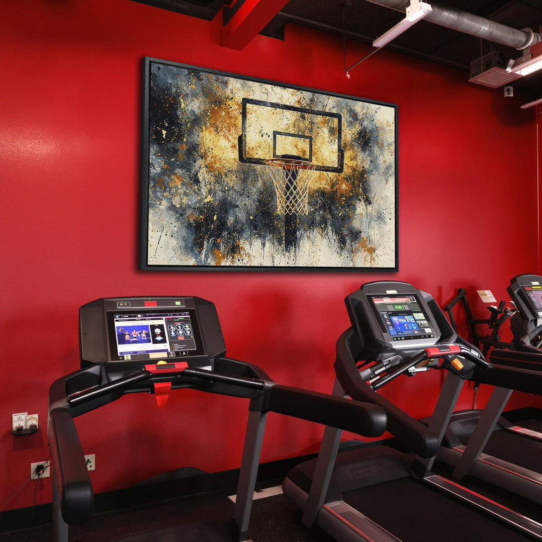 Framed Wall Art: Abstract basketball hoop art with a vibrant gold, blue, and black color palette, perfect for gym decor. Elevate your space!