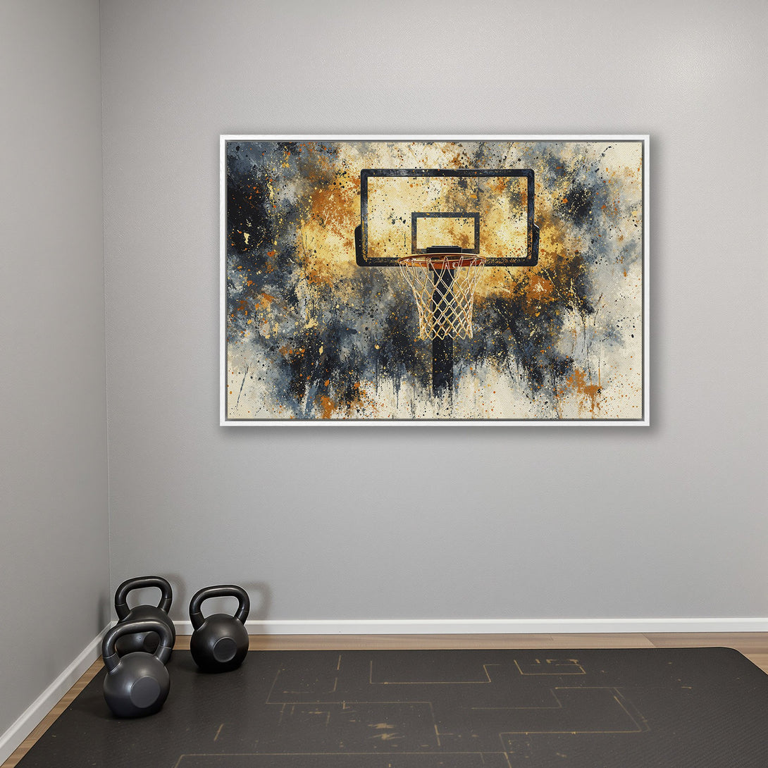 Framed Wall Art Canvas Print of basketball hoop in abstract style. Features a warm, orange, and blue color palette, perfect for home decor.