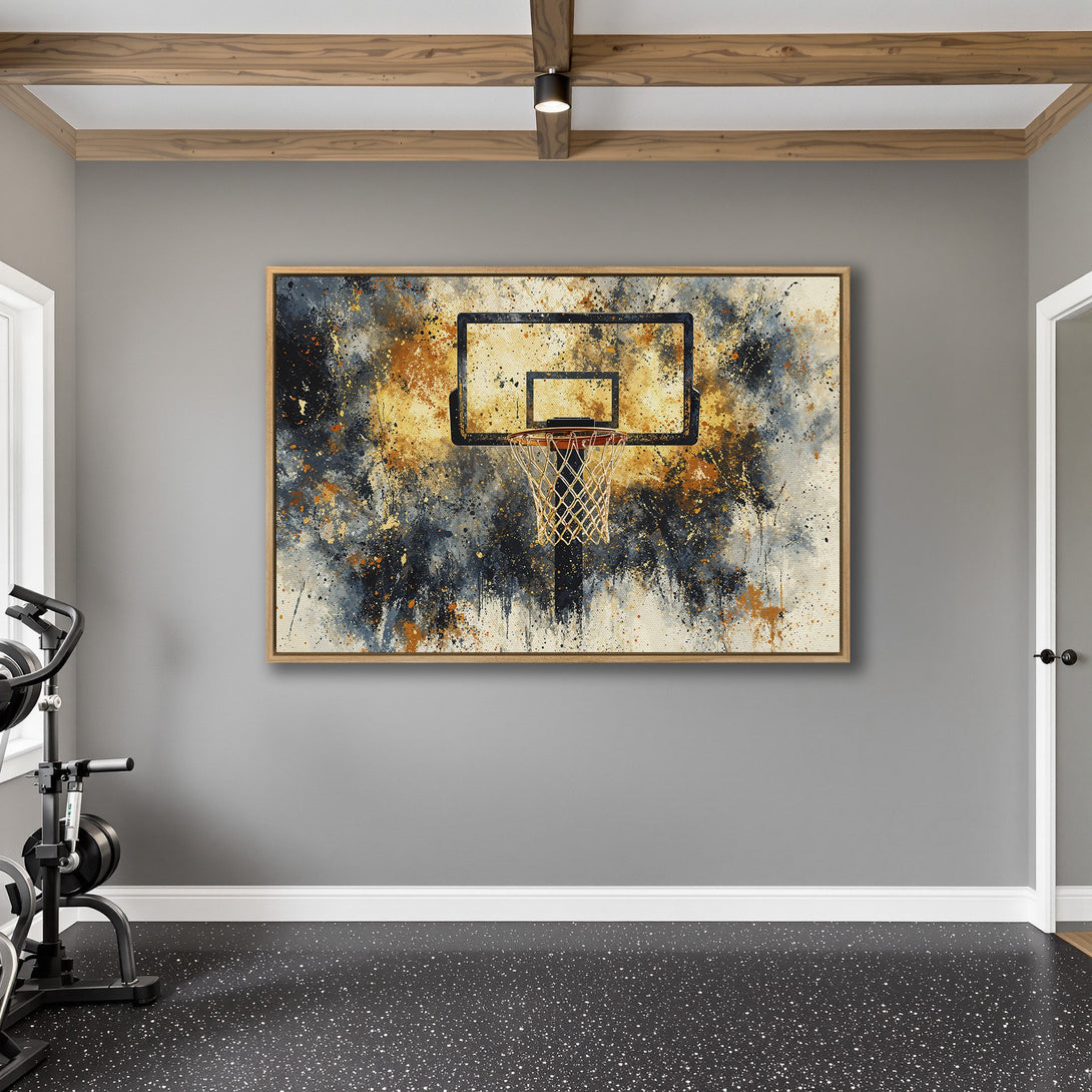 Framed Wall Art: Abstract basketball hoop art in a modern, sports-themed interior. Features a bold, artistic style with blue, orange, and neutral tones.