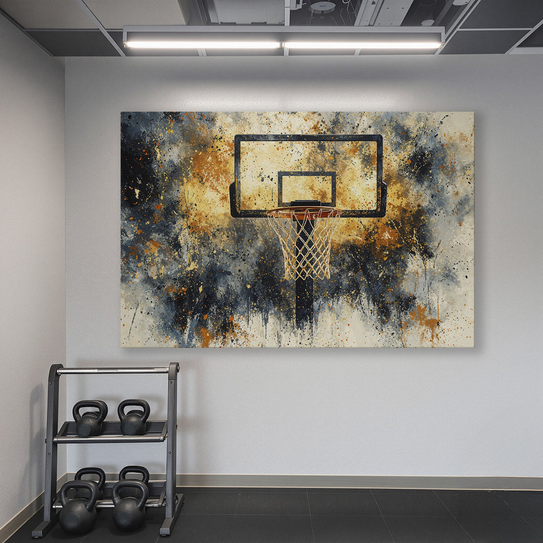 Framed Wall Art: Abstract basketball hoop art in a gym. Modern style with gold, black, and orange color palette. Elevate your space with this unique Canvas Print.