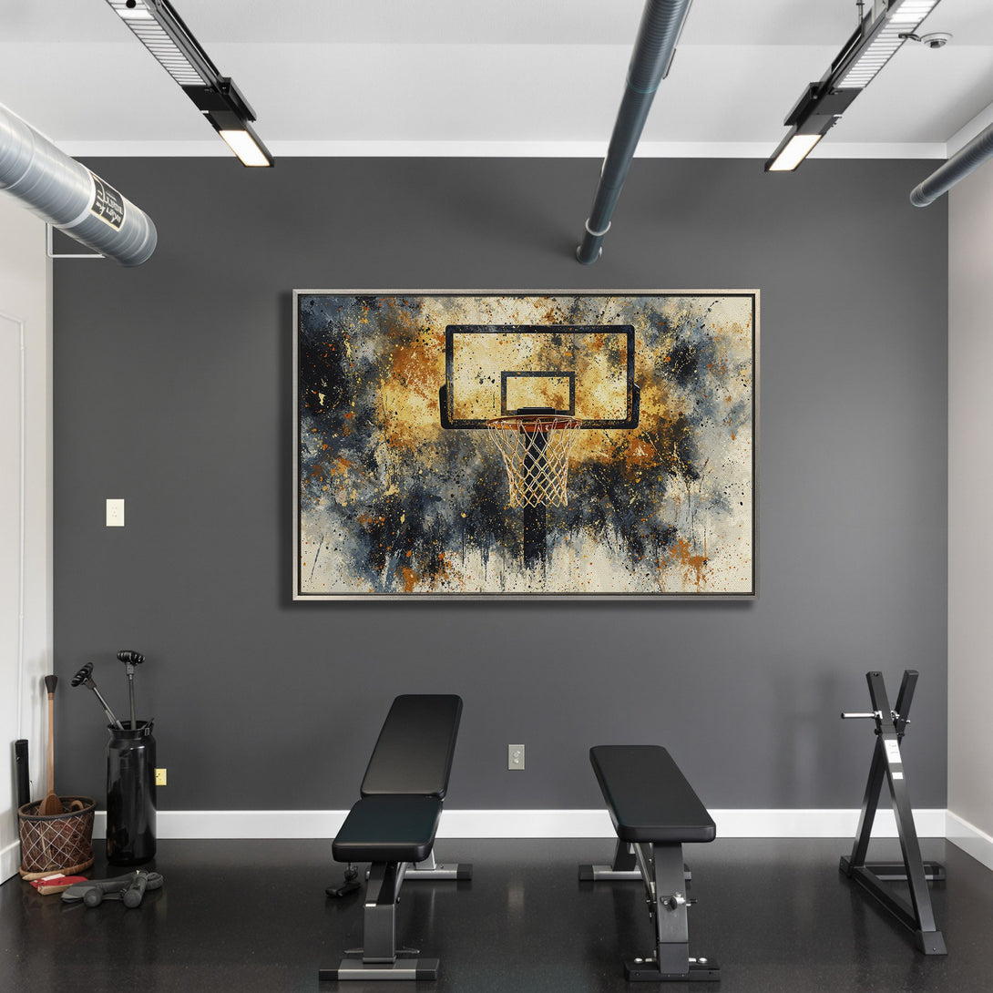 Framed Wall Art: Abstract basketball hoop art with a modern, artistic style. Features a warm, orange and blue color palette, perfect for home gym decor.