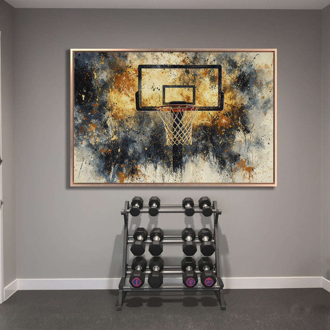 Framed Wall Art: Abstract basketball hoop art in a modern style. Featuring a warm, orange, and blue color palette. Perfect for a home gym!
