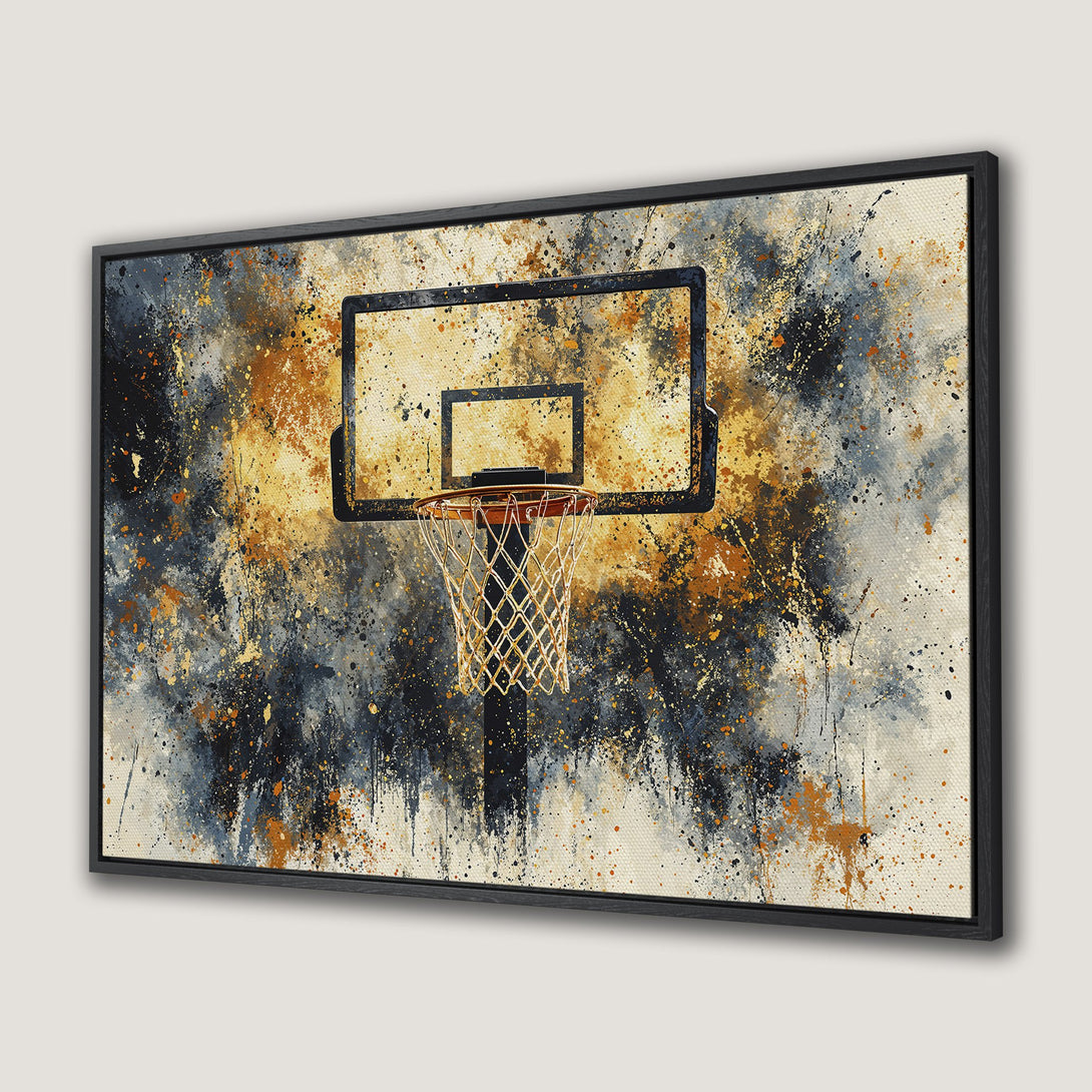 Framed Wall Art: Abstract basketball hoop art in a modern style with a warm, earthy color palette of orange, blue, and gold. Perfect for sports fans!
