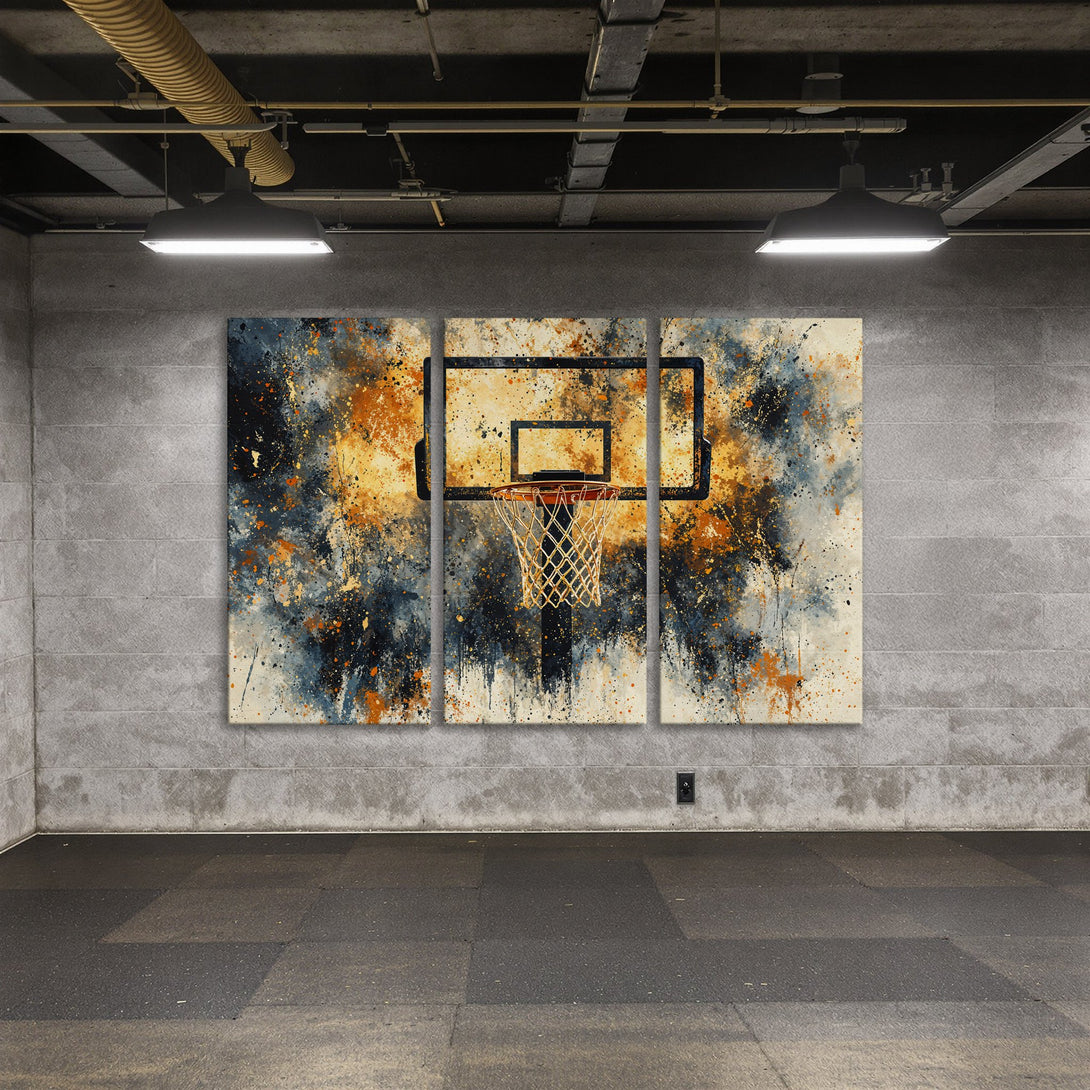 Abstract basketball Canvas Print in a modern style with a vibrant orange, blue, and black color palette. Perfect wall art for sports fans!