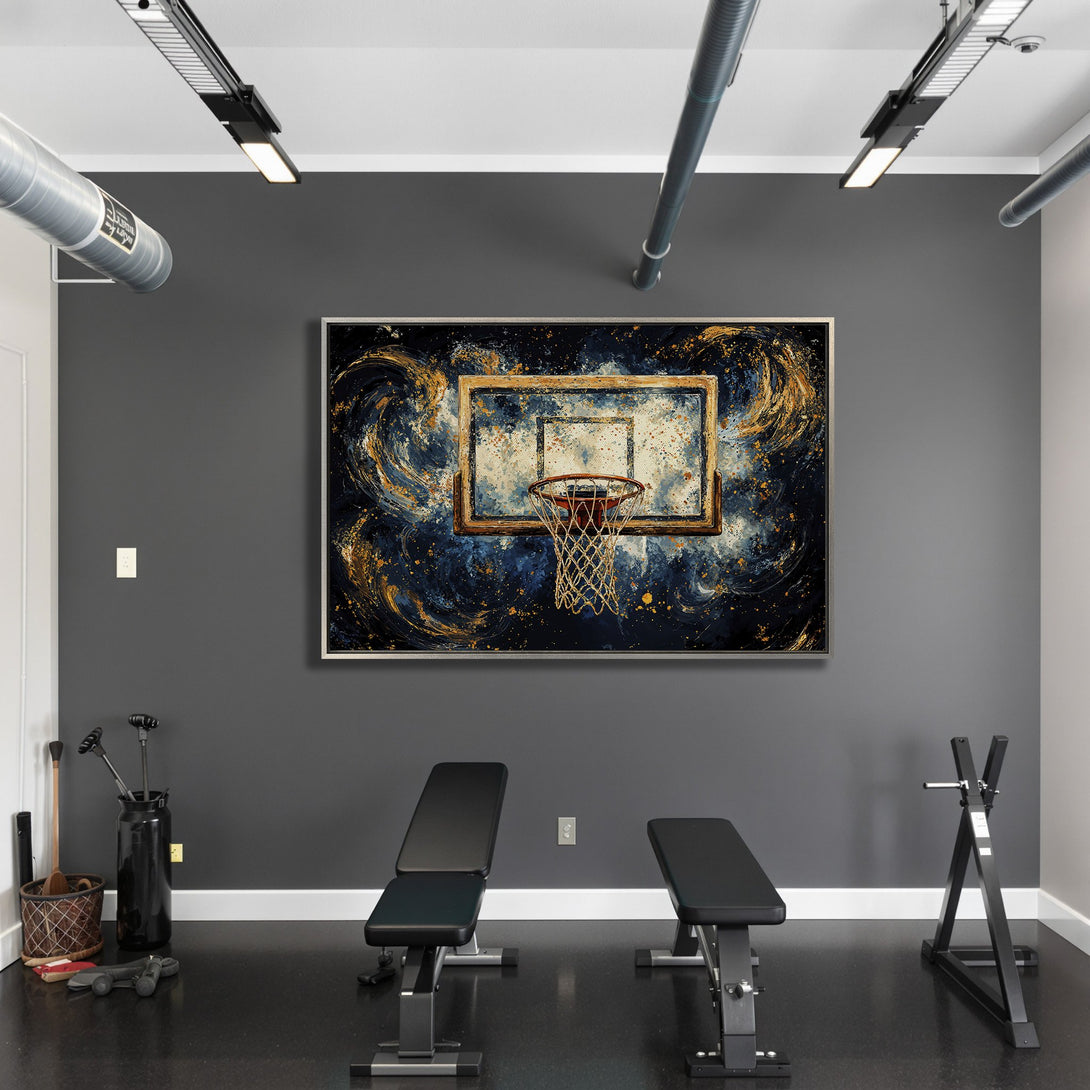 Framed Wall Art: Abstract basketball hoop art in blue and gold, perfect for gym decor. Modern style canvas print adds a touch of art and sport.