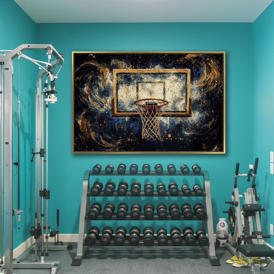 Abstract Canvas Print of a basketball hoop in a gym. Blue, gold, and white color palette. Perfect for sports lovers.