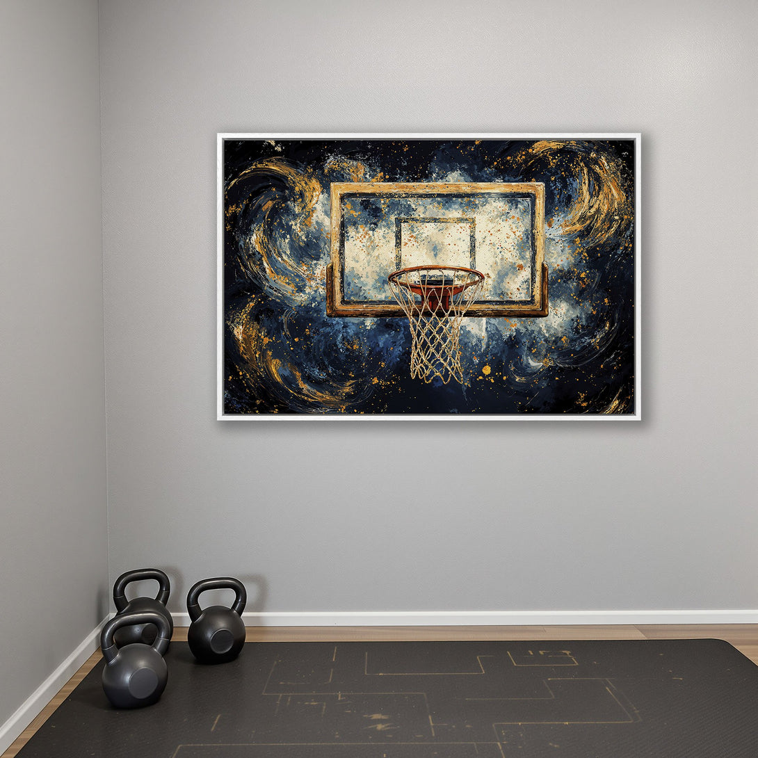 Framed Wall Art: Abstract basketball hoop art in blue and gold. Modern canvas print adds a sporty, artistic touch to any space.