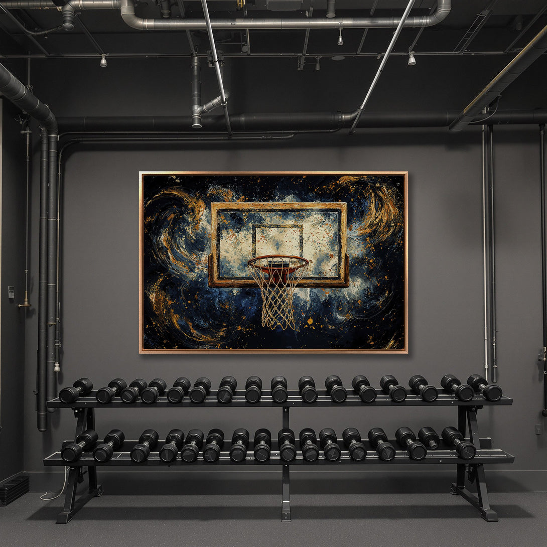 Framed Wall Art: Abstract basketball hoop art with blue, gold, and black color palette. Modern decor for gym or sports themed spaces.