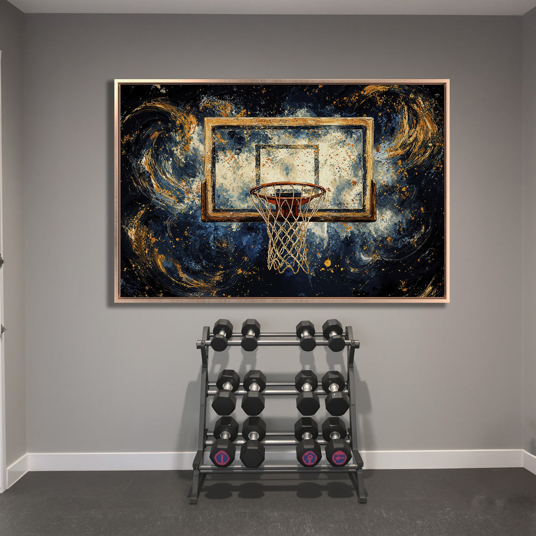 Framed Wall Art: Abstract basketball hoop art in blue and gold tones. Modern canvas print for home gym decor. Elevate your space with stylish art.