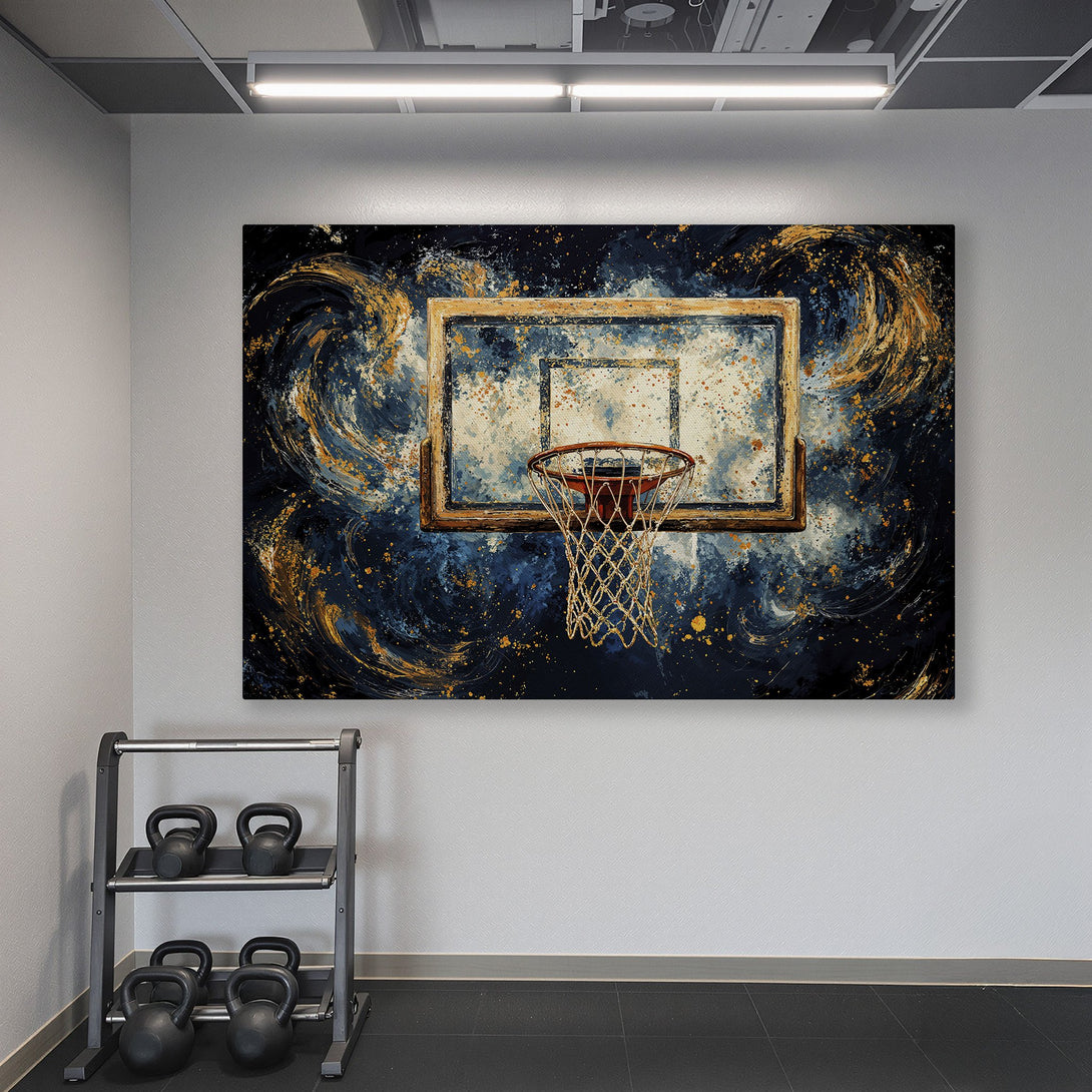 Framed Wall Art: Abstract basketball hoop in a gym. Modern art in blue, gold, and navy color palette. Perfect for sports lovers' home decor.