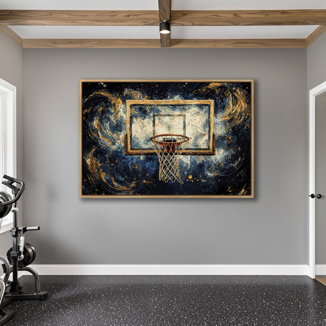 Framed Wall Art featuring an abstract basketball hoop with a blue and gold color palette, perfect for a modern home gym.