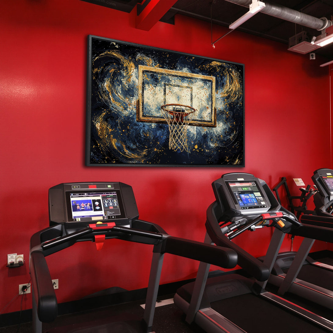 Framed Wall Art: Abstract basketball hoop art in blue & gold, displayed in a modern gym. Enhance your space with this stylish Canvas Print.