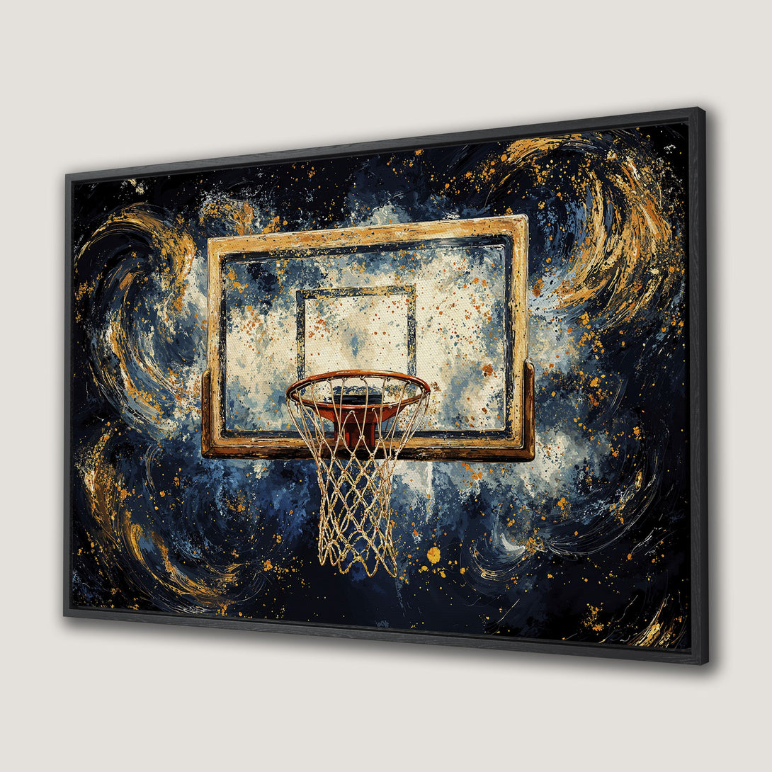 Framed Wall Art of a basketball hoop with an abstract, artistic style. Features a dark blue and gold color palette, perfect for sports fans.