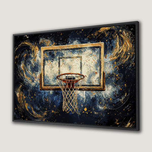 Framed Wall Art of a basketball hoop with an abstract, artistic style. Features a dark blue and gold color palette, perfect for sports fans.