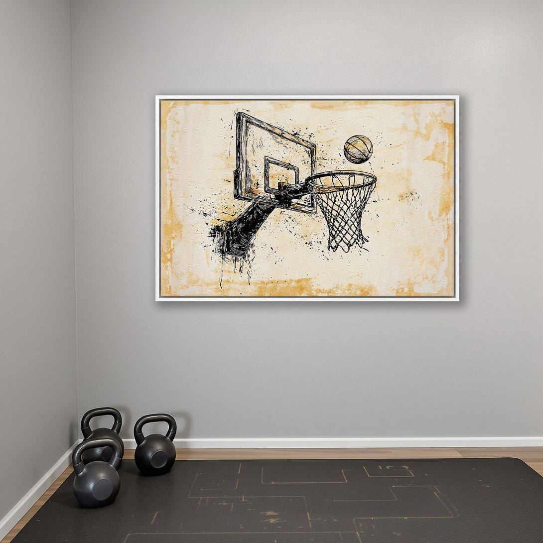 Framed Wall Art: Basketball hoop art in a modern, minimalist style. Neutral color palette with black and beige. Perfect for sports fans!