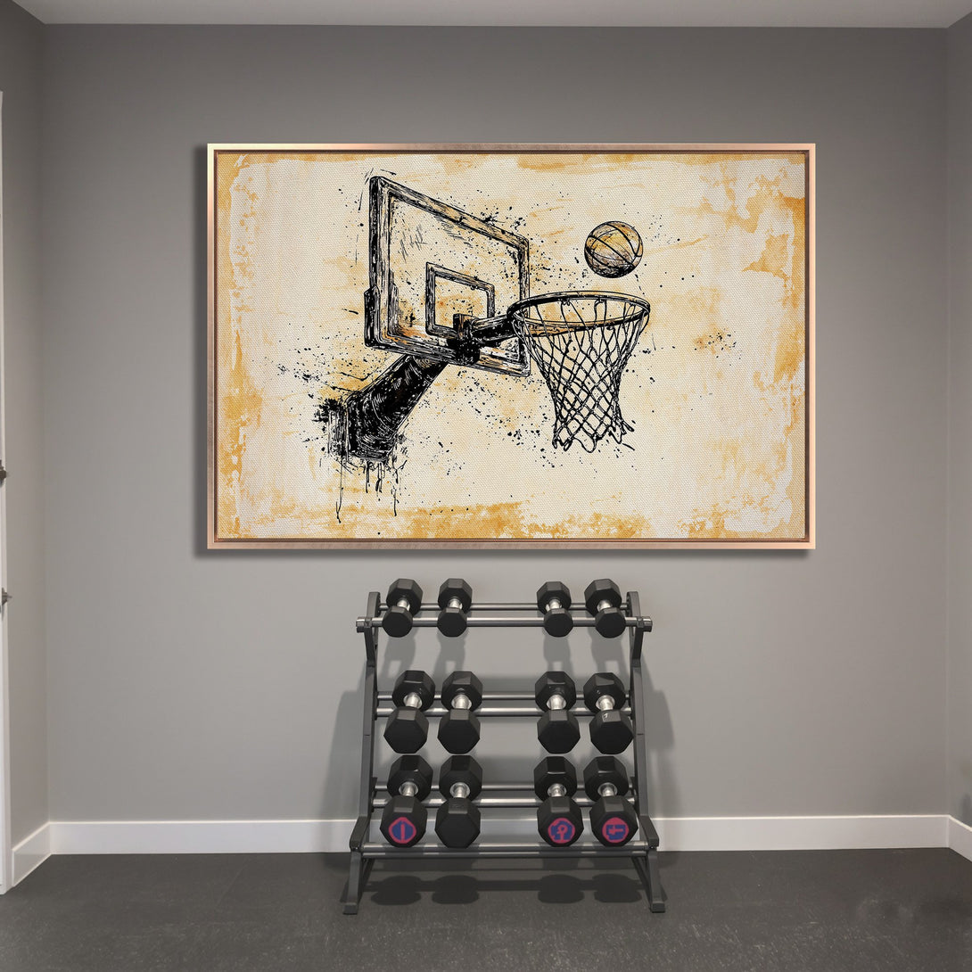 Framed Wall Art: Basketball hoop art in abstract style with a neutral color palette. Perfect for a gym or sports-themed room.