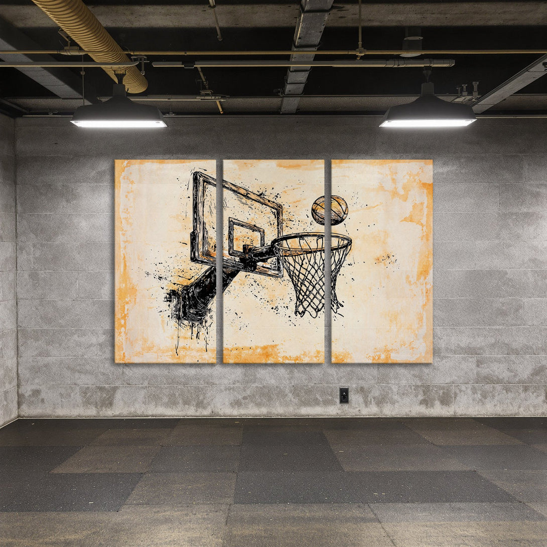 Canvas Print of basketball hoop art in a grunge style, featuring a warm, neutral color palette. Perfect for sports fans!