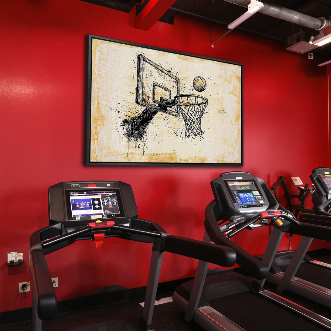 Framed Wall Art: Basketball hoop art in a gym. Black and white sketch on a beige background, set against a red wall. Perfect for sports enthusiasts!