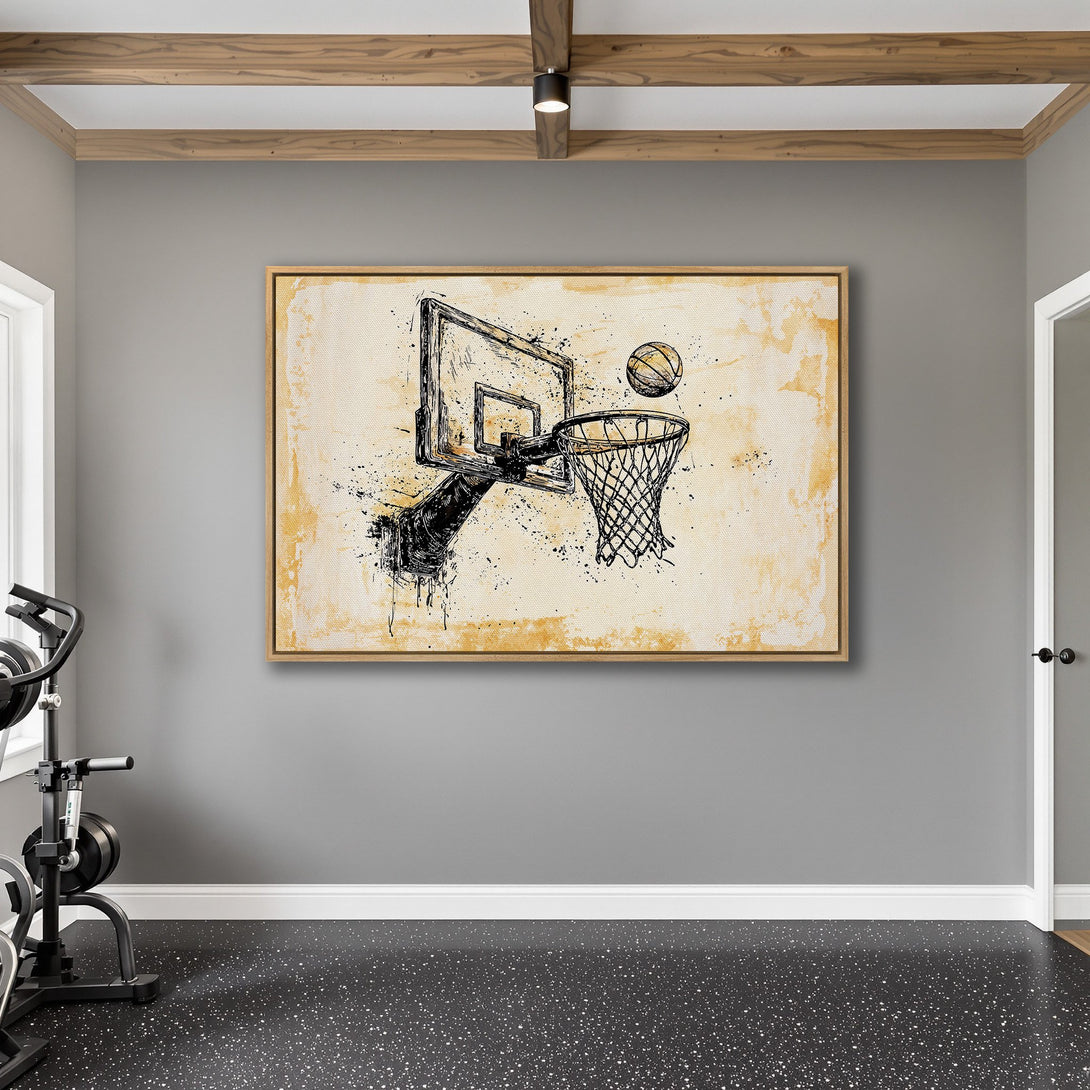 Framed Wall Art: Basketball hoop art in a modern, minimalist style. Black and beige color palette, perfect for sports-themed decor.