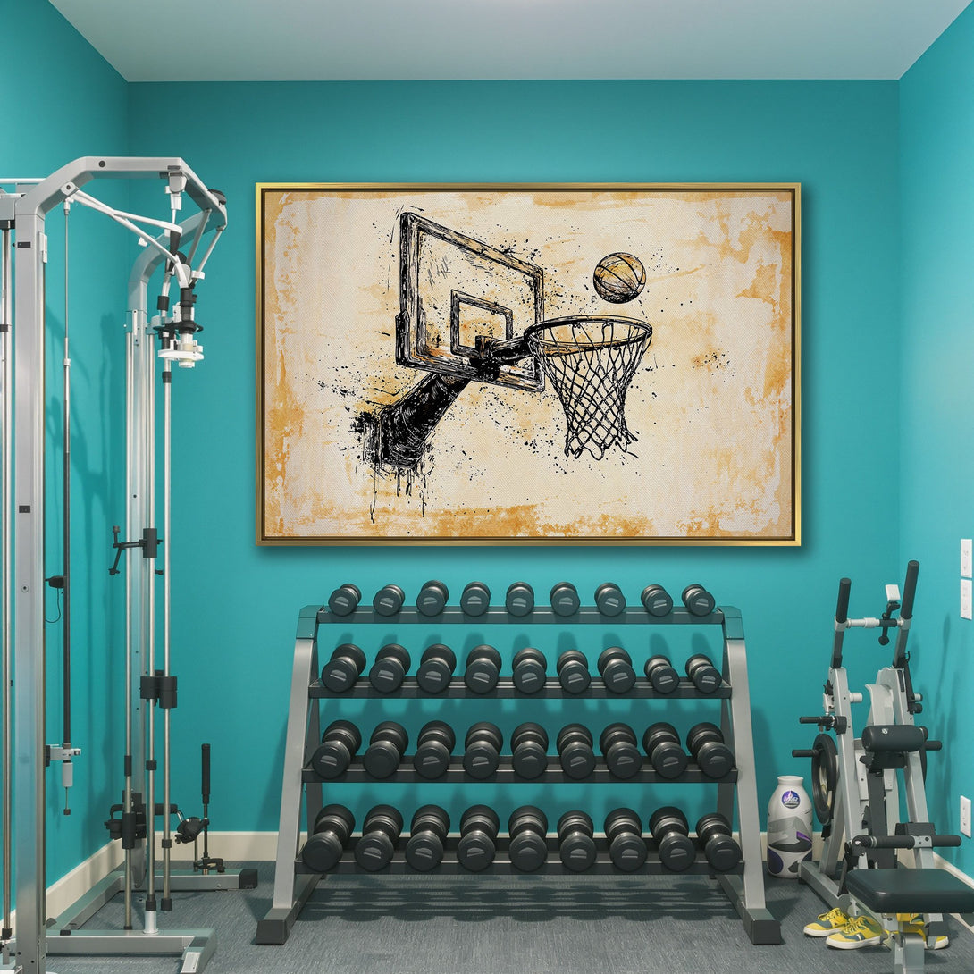 Canvas Print of a basketball hoop in a gym. Artistic black and yellow color palette. Perfect wall art for sports lovers.