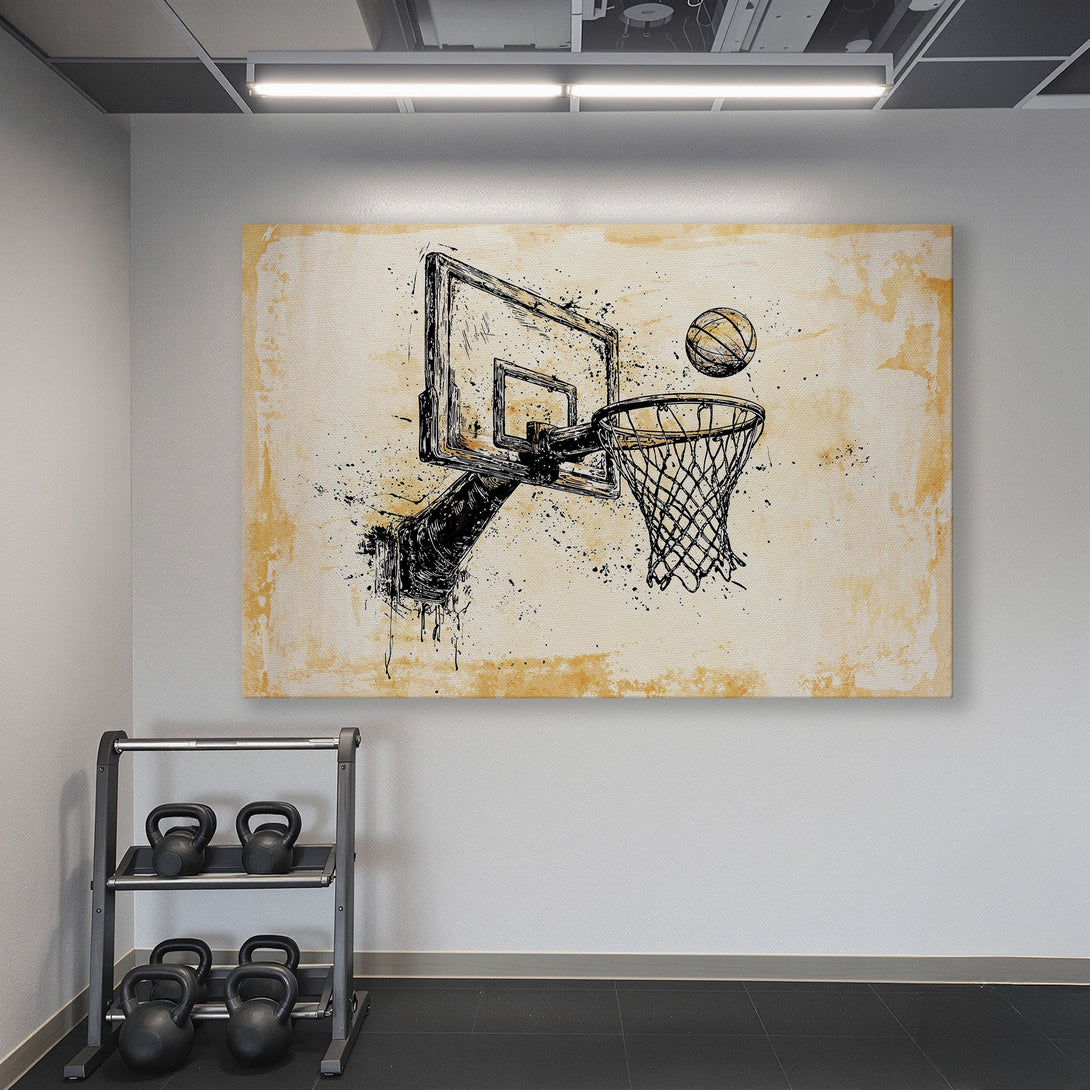 Framed Wall Art: Abstract basketball art print in a gym. Features a black and tan color palette, perfect for modern decor. Elevate your space today!