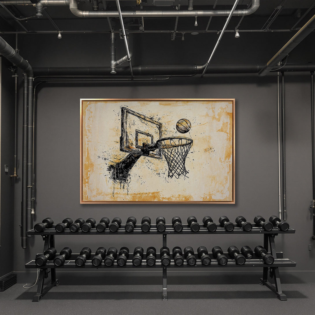 Framed Wall Art: Abstract basketball hoop art in a modern gym setting. Features a neutral color palette with black, gold, and beige tones. Elevate your space!