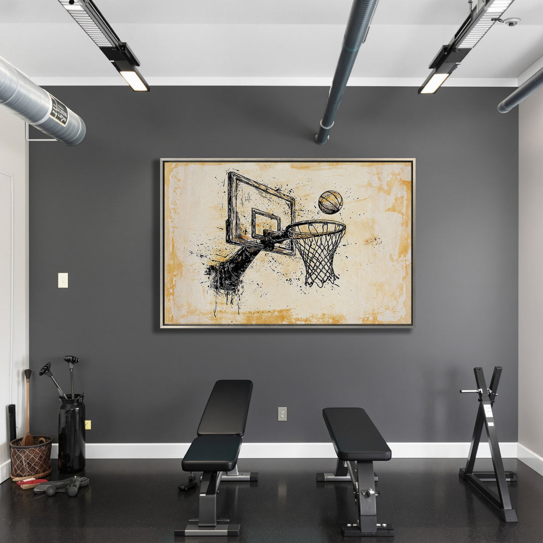 Framed Wall Art: Basketball hoop art in a gym setting. Black and gold abstract style Canvas Print adds a modern touch. Perfect for sports enthusiasts.