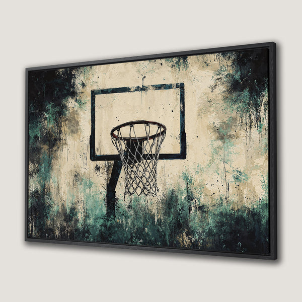 Framed Wall Art featuring a basketball hoop in an abstract style, with a teal, black, and beige color palette. Perfect for modern decor.