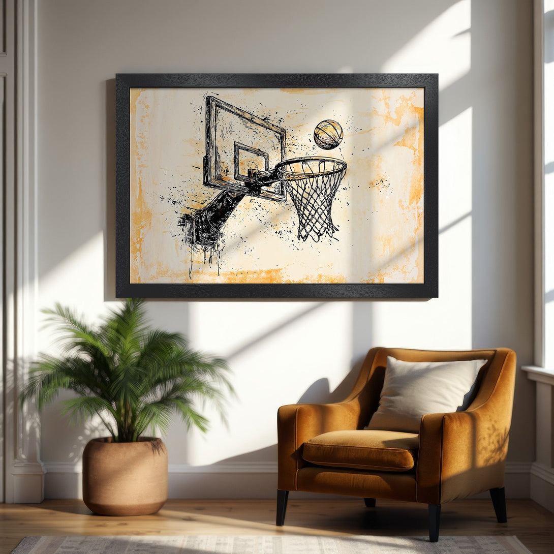Framed Poster featuring a basketball hoop and ball in a stylish, abstract art style with a warm, neutral color palette. Perfect wall decor!