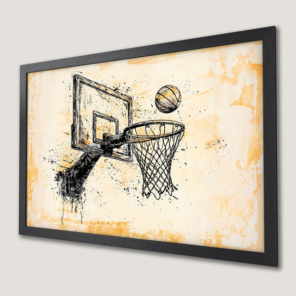 Framed Poster featuring a basketball hoop and ball in a stylish, ink-splatter design with a warm, neutral color palette. Perfect wall art!