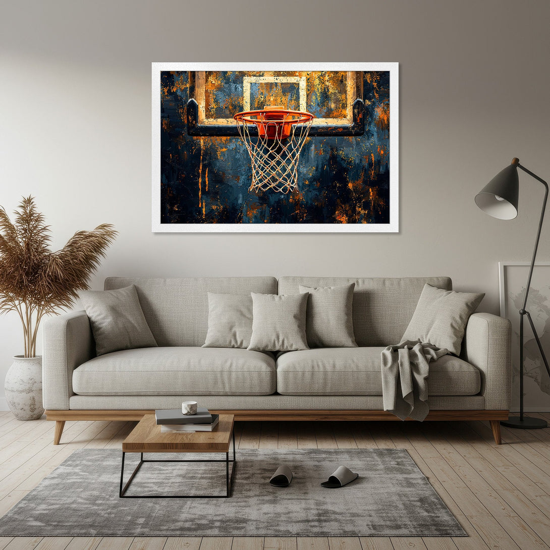 Framed Poster of a basketball hoop in an abstract style, with a dark blue and orange color palette, perfect wall art.