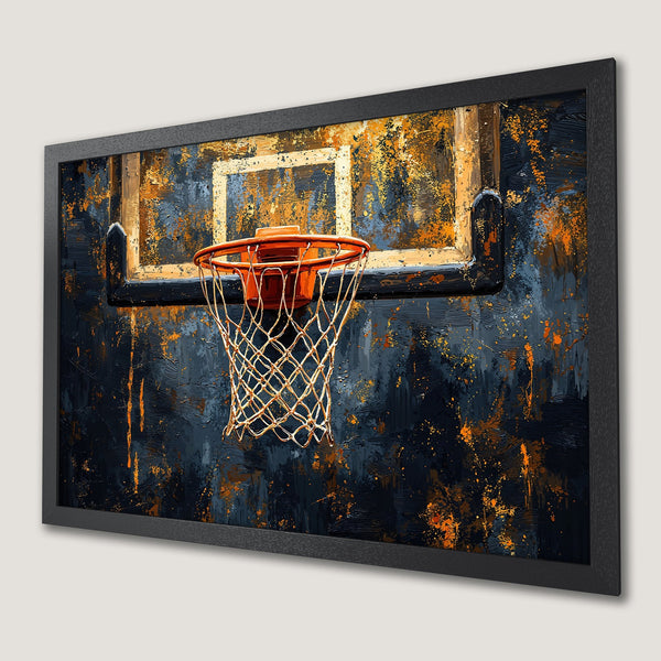 Framed Poster: Abstract basketball art in dark blue & orange. Add a slam dunk of style to your space!