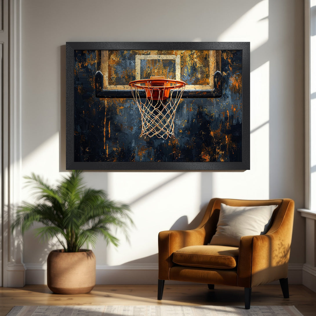 Framed Poster of a basketball hoop in an abstract style. Features a dark, textured background with orange and gold accents. Perfect wall art!
