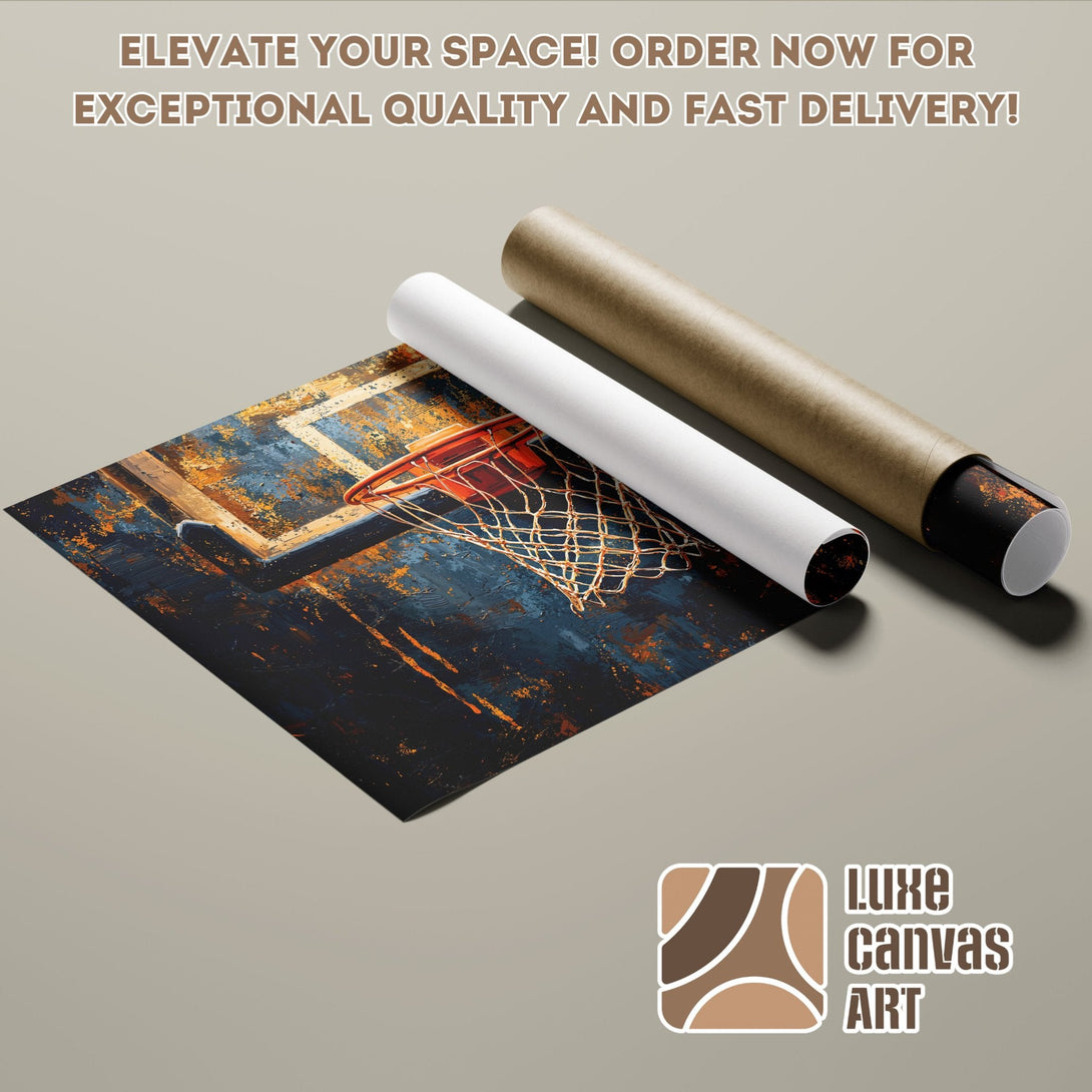 Poster Roll featuring a basketball hoop art print. Abstract style with blue, orange, and brown color palette.