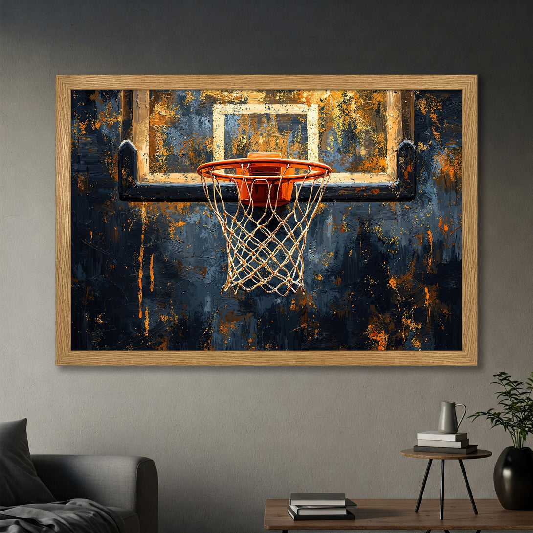 Framed Poster of a basketball hoop, abstract style with navy, orange, and gold color palette. Perfect sports art for your home!