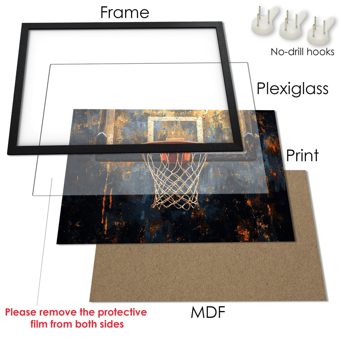 Framed Poster of a basketball hoop in an abstract style with a dark, moody color palette. Perfect wall art!
