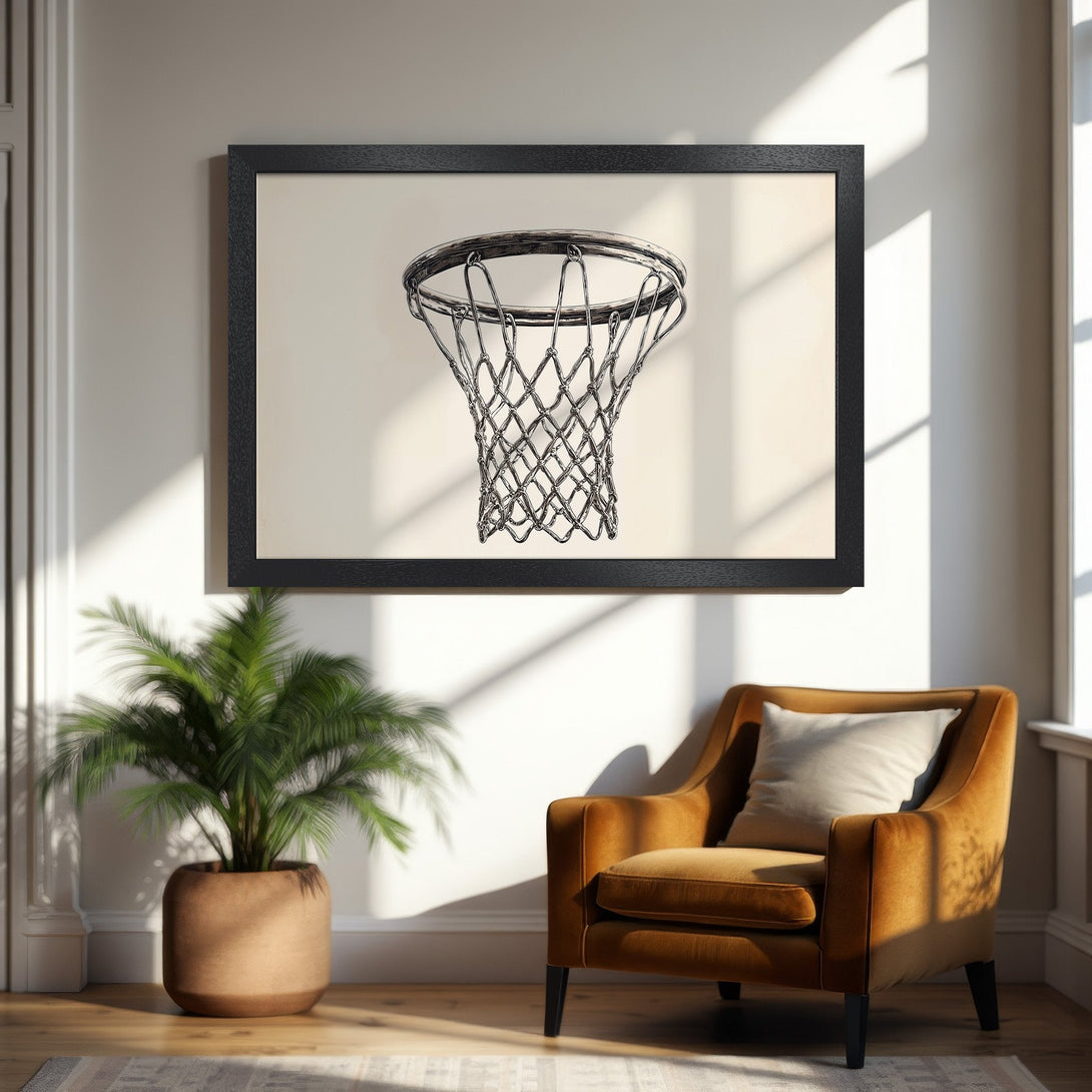 Framed Poster featuring a detailed basketball net art print. Neutral color palette with warm tones. Perfect wall decor for any space.
