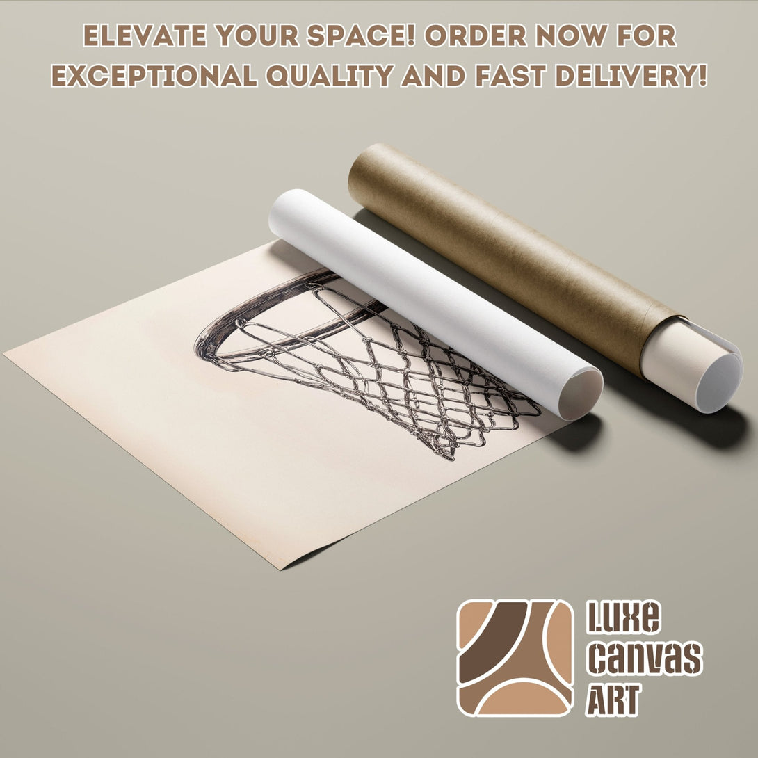 Basketball net Poster Roll, minimalist black and white art on neutral tones. Elevate your space!