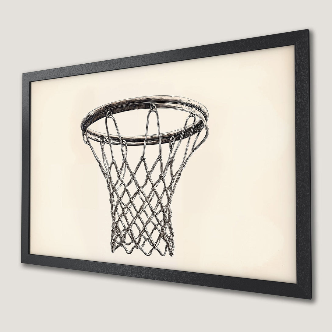 Framed Poster featuring a detailed basketball net illustration in black and white, perfect for sports fans.