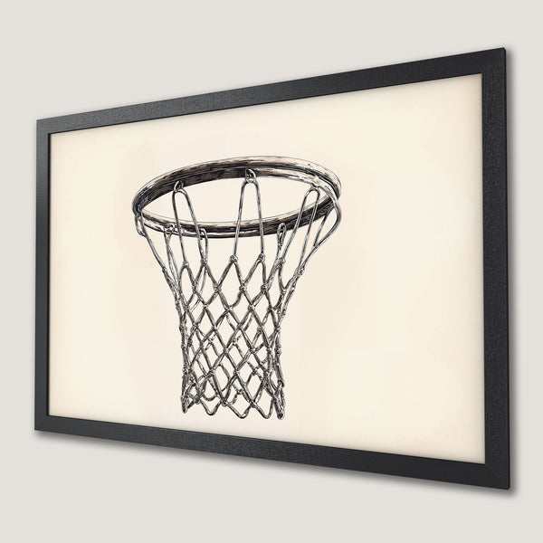 Framed Poster featuring a detailed basketball net illustration in black and white, perfect for sports fans.