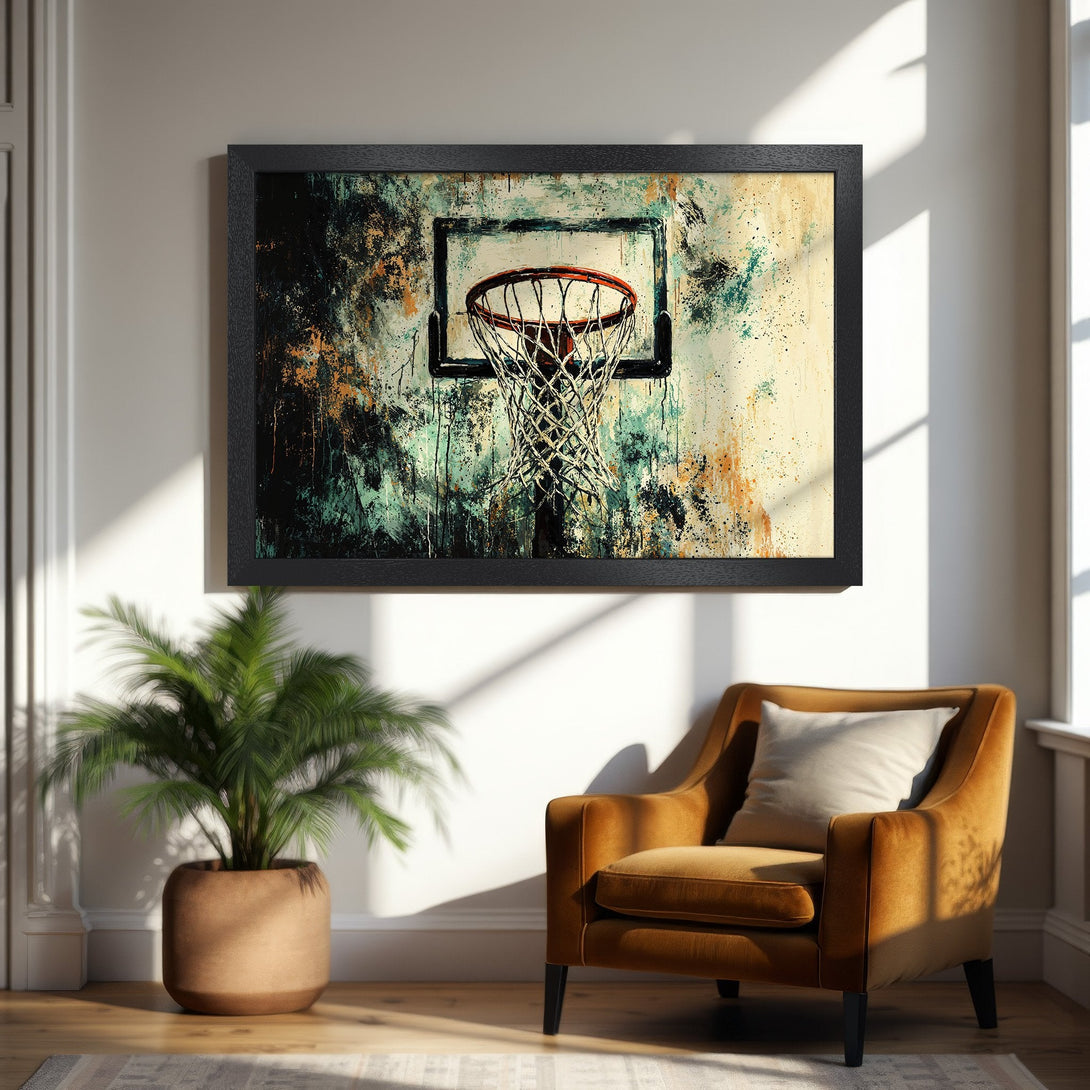 Framed Poster featuring a basketball hoop art print in abstract style with a teal, orange, and black color palette.