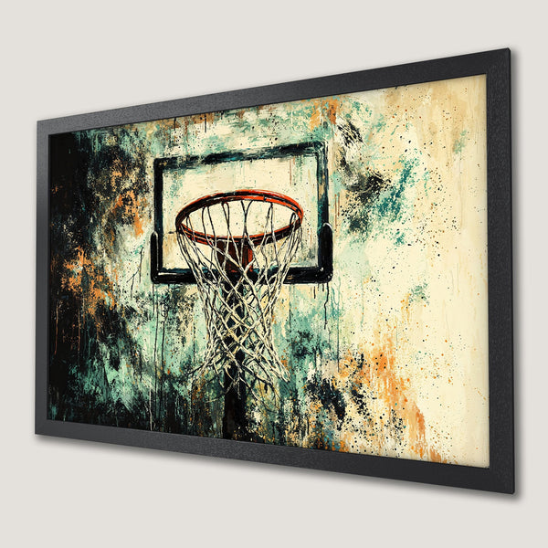 Framed Poster featuring a basketball hoop in an abstract style with teal, orange, and beige color palette. Perfect wall art!