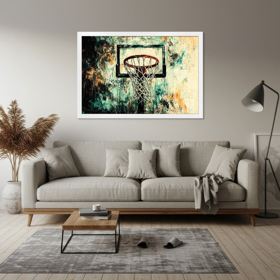 Framed Poster of basketball hoop art in abstract style with teal, orange, and black color palette, perfect wall decor.