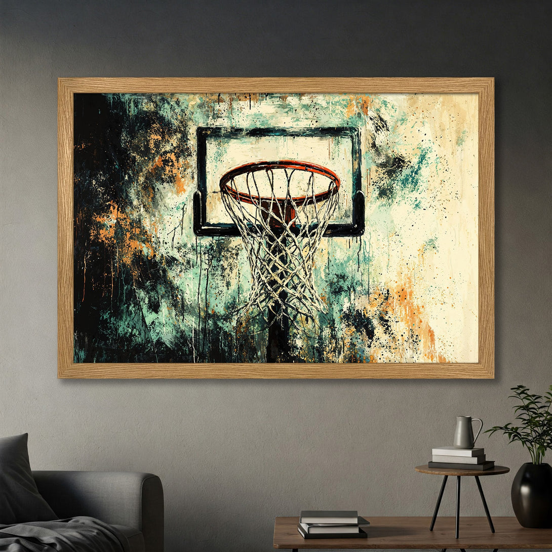 Framed Poster featuring a basketball hoop, artistic style with teal, orange, and black color palette. Perfect wall art for sports fans!