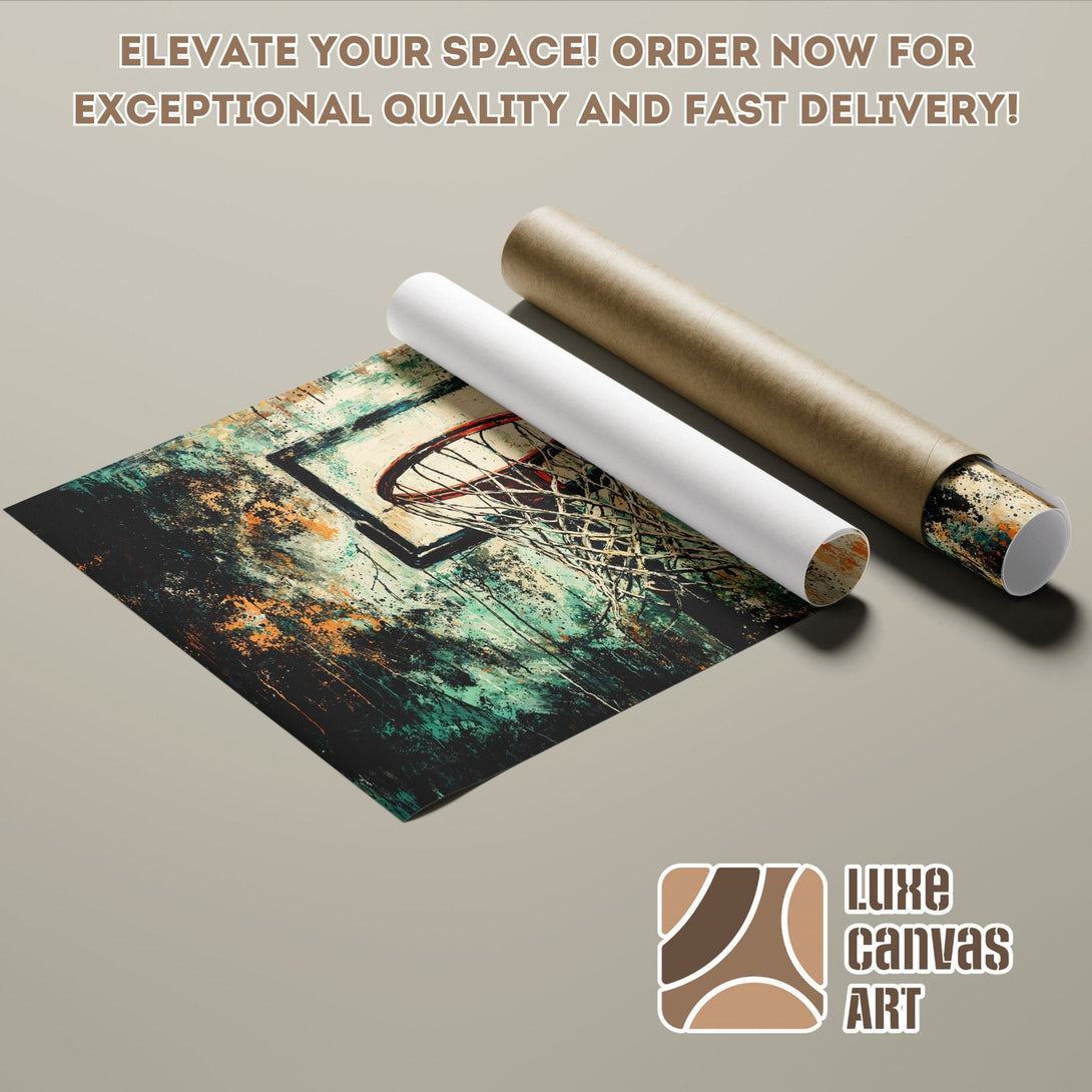 Basketball hoop art Poster Roll, abstract style, teal & orange palette. Elevate your space!
