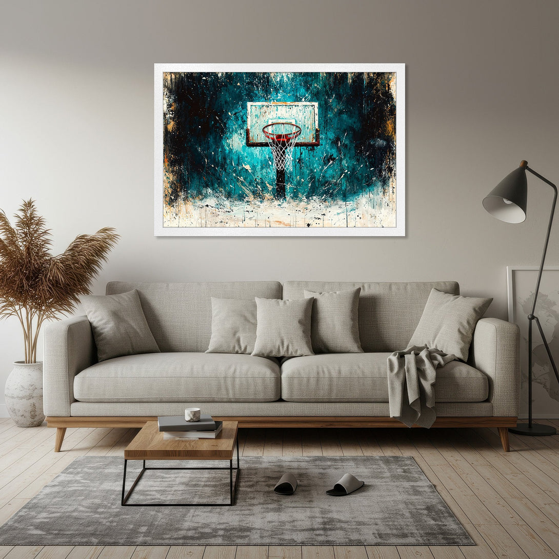 Framed Poster of a basketball hoop, abstract style, teal and white color palette. Elevate your space with this unique art piece!