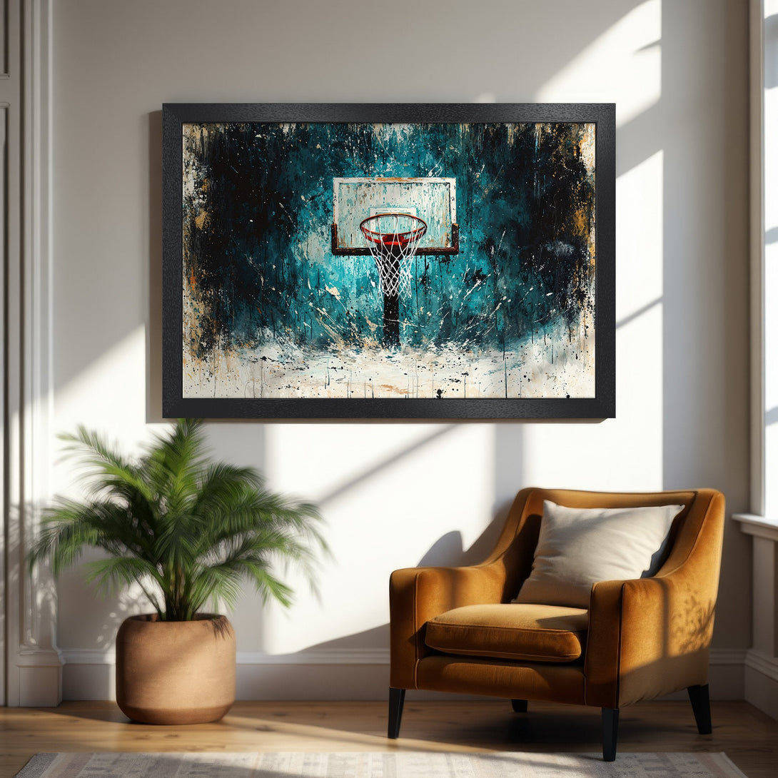 Framed Poster of a basketball hoop in an abstract style, featuring a teal and gold color palette. Perfect wall art.