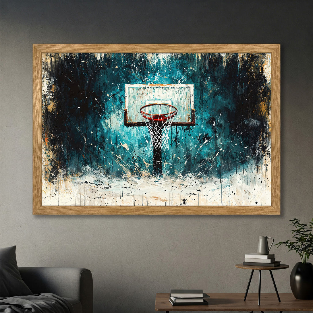 Framed Poster featuring a basketball hoop in an abstract style with a teal and black color palette. Elevate your space with this unique art!
