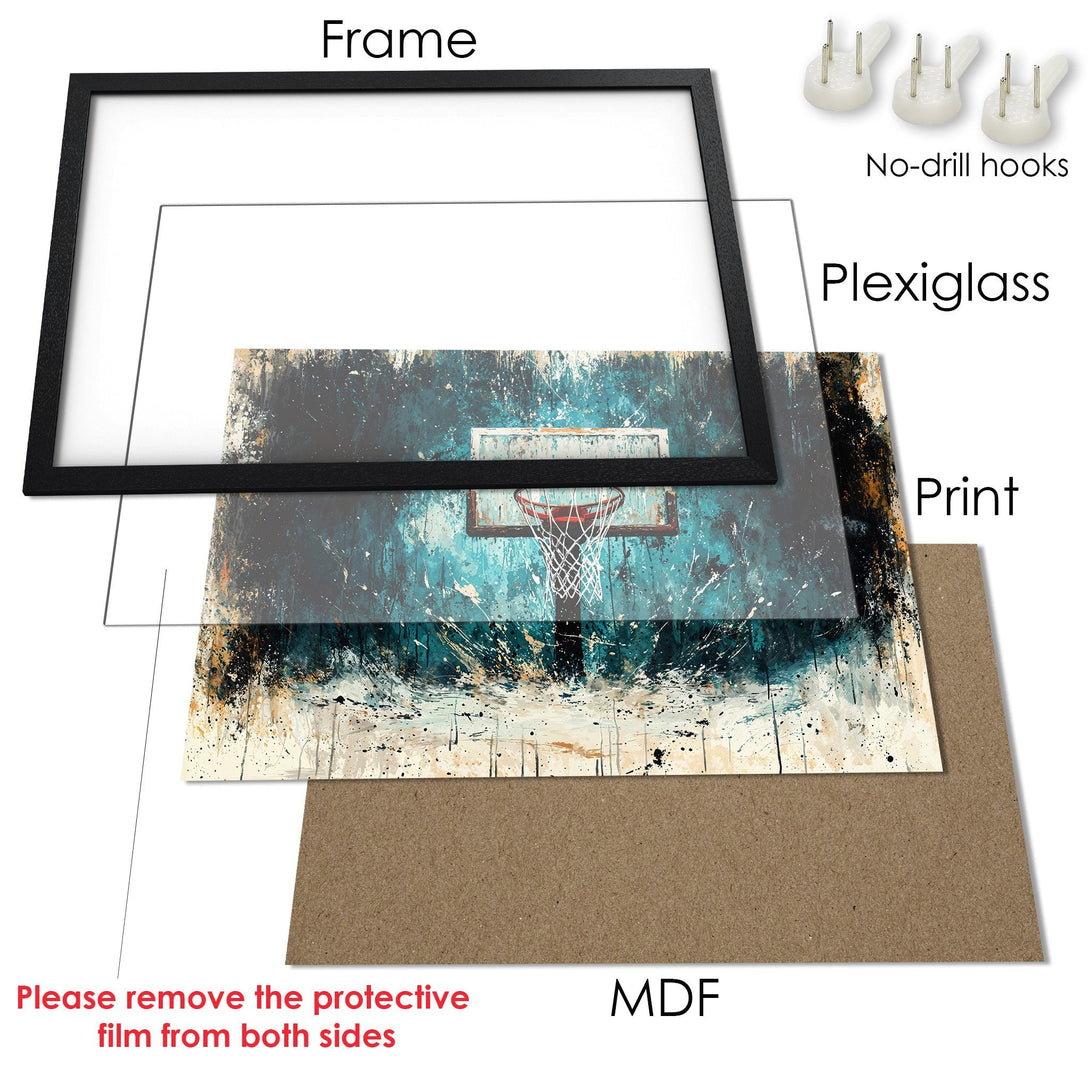 Framed Poster featuring a basketball hoop in an abstract style with a teal and black color palette. Ready to hang!